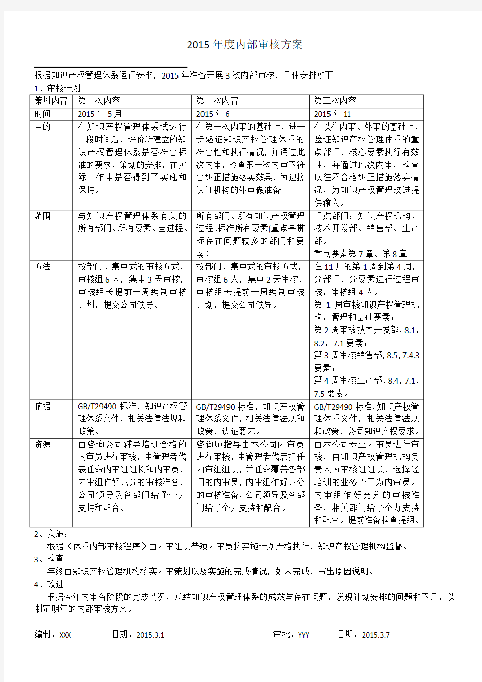 贯标内部审核方案