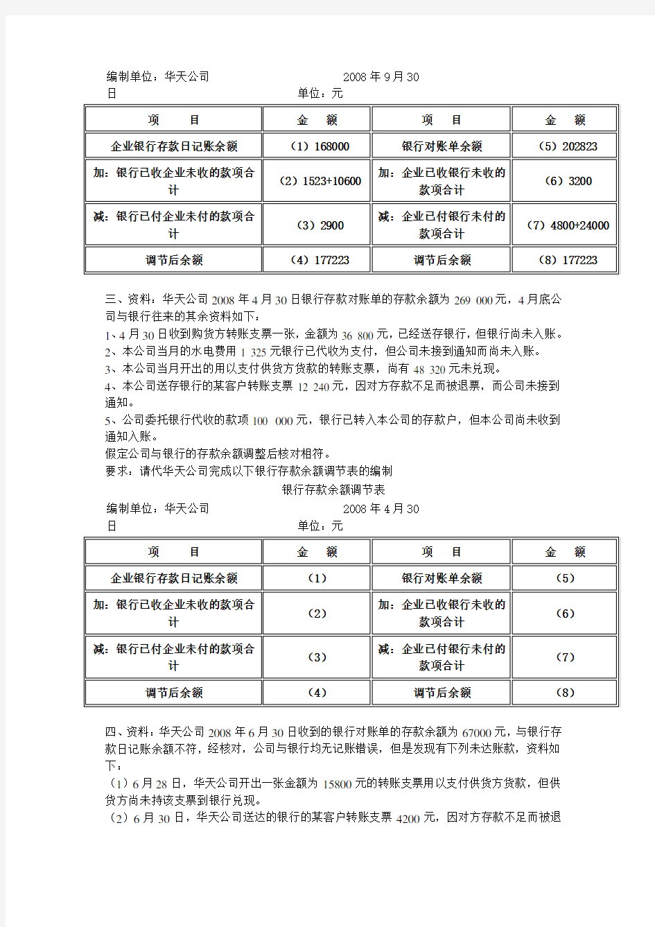 (完整版)练习题(_银行存款余额调节表)