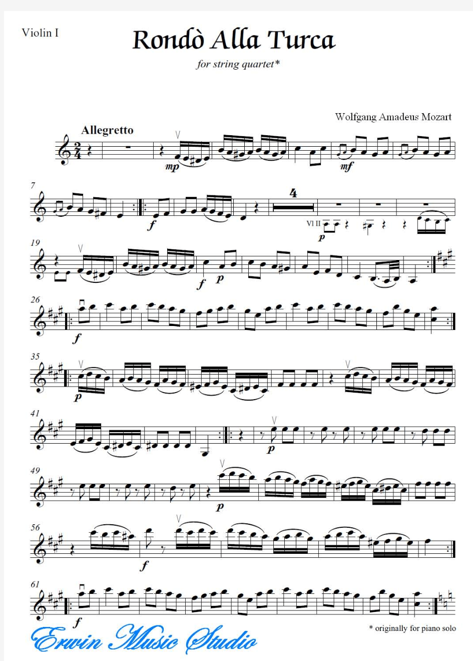 ViolinI沃尔夫冈·阿马多伊斯·莫扎特《土耳其进行曲》弦乐四重奏总谱 分谱WolfgangAmad