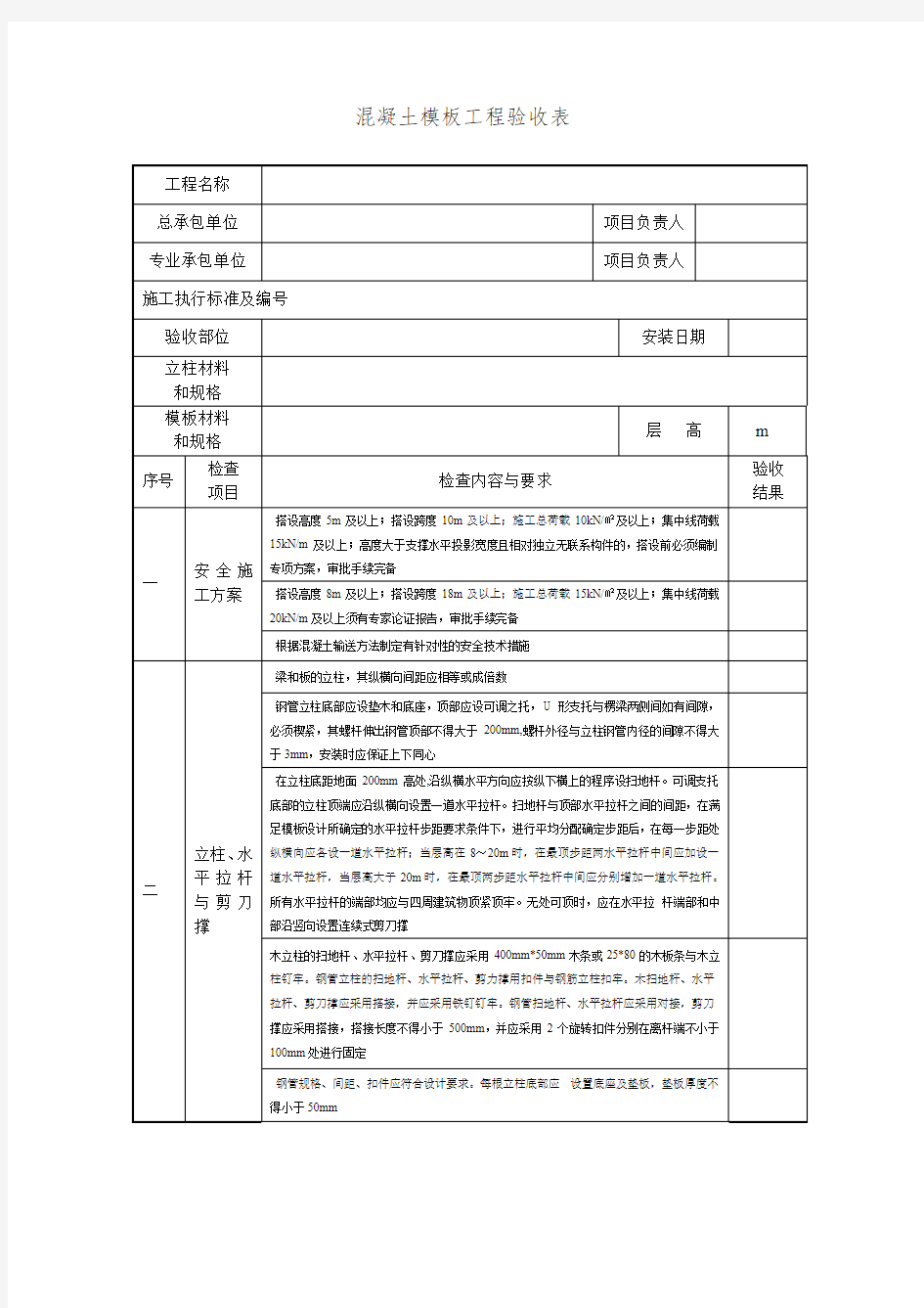 混凝土模板工程验收表