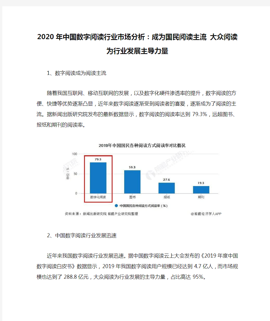 2020年中国数字阅读行业市场分析：成为国民阅读主流 大众阅读为行业发展主导力量