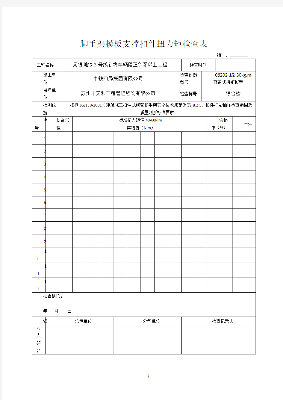 2017 脚手架模板支撑扣件扭力矩检查表