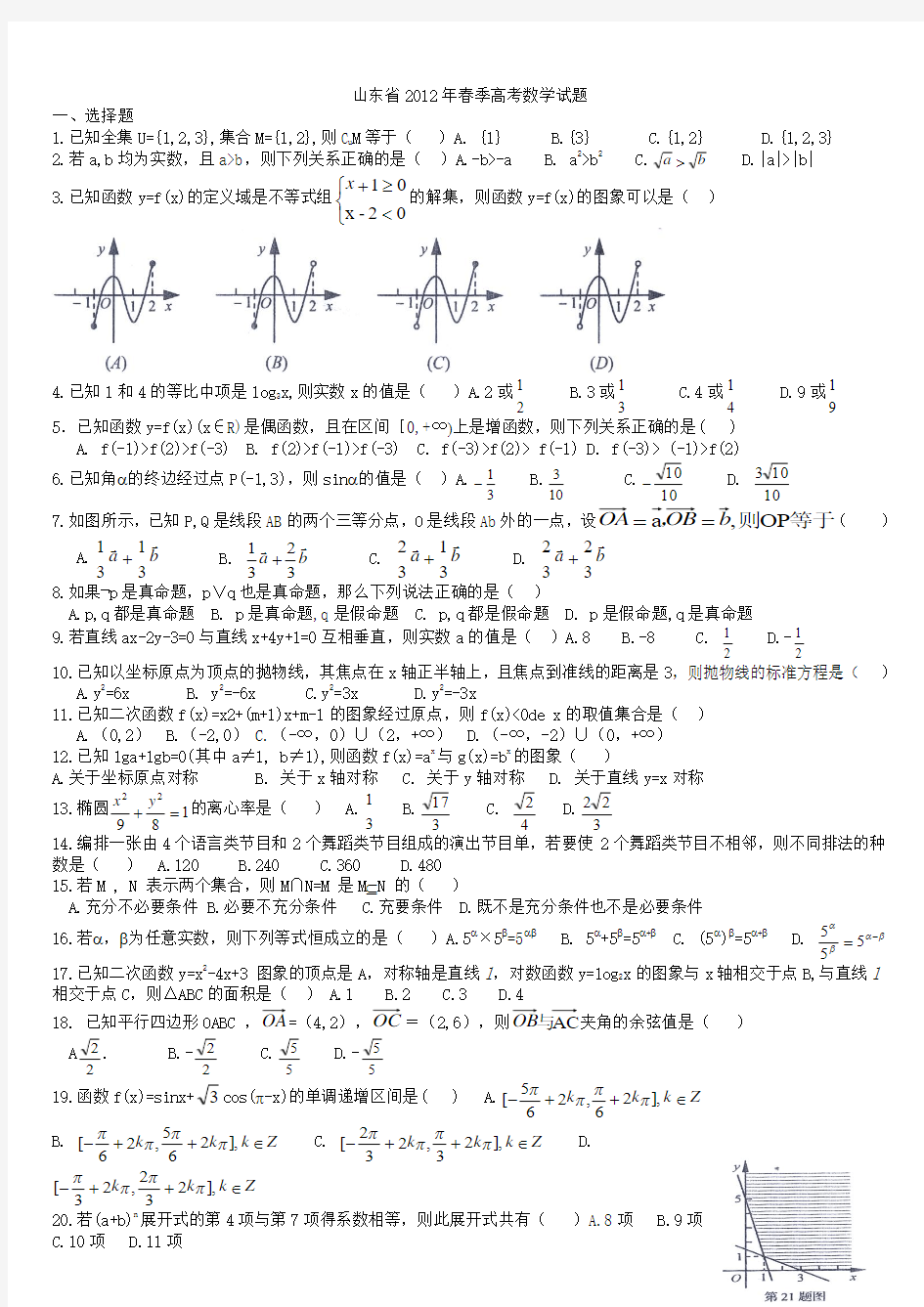 山东省2012年春季高考数学试题