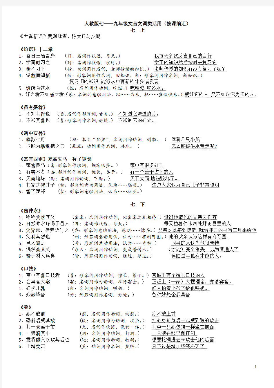 初中语文人教版七—九年级文言文词类活用按课编汇