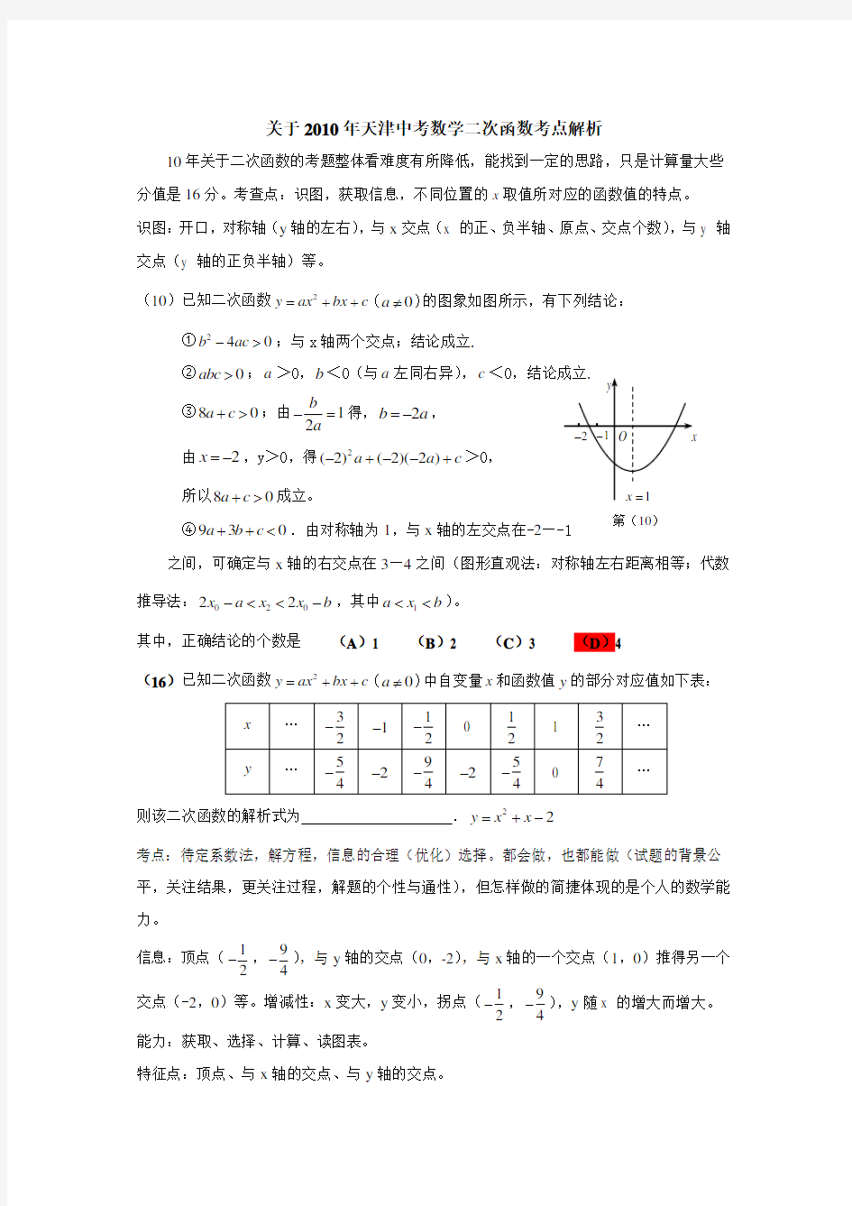 关于20 0年天津中考数学二次函数考点解析