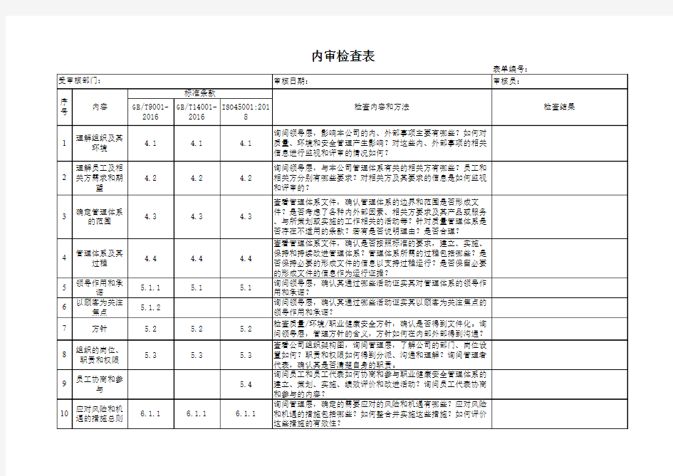 质量、环境、职业健康安全管理体系内审检查表：ISO9001 ISO14001 ISO45001