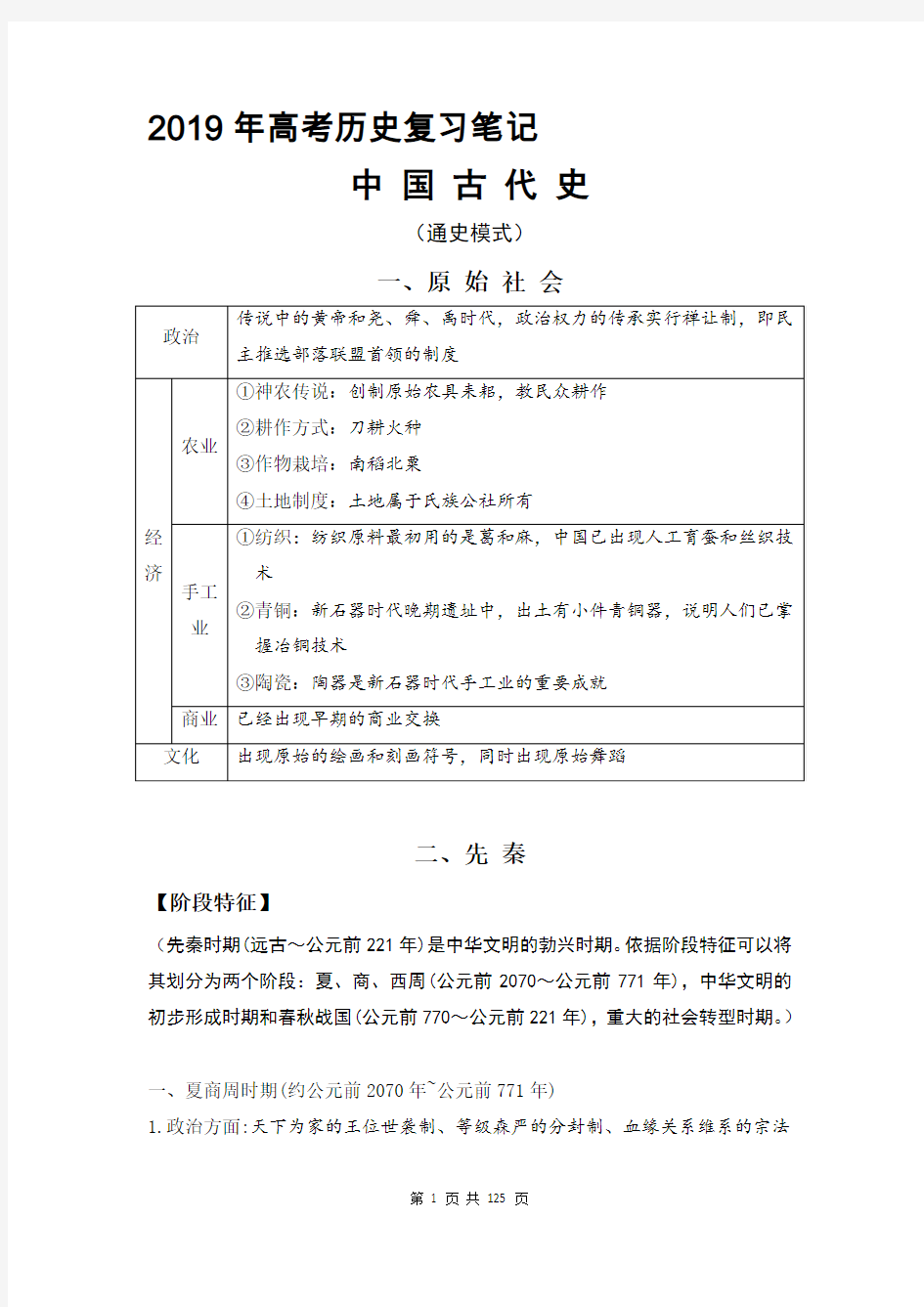 2019年高考历史复习笔记：中国古代史(通史模式)