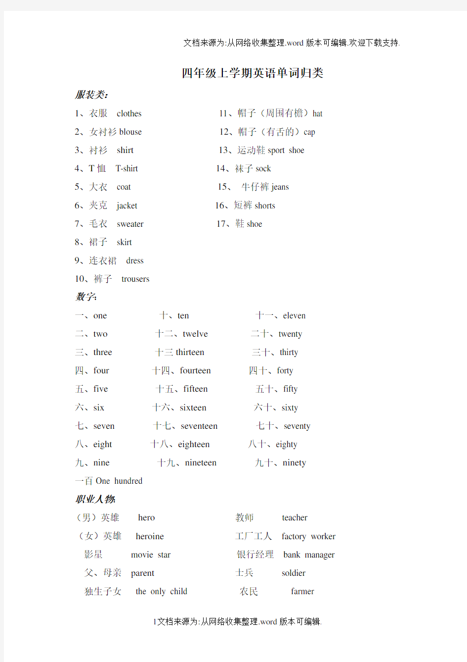 广州版小学英语四年级上册单词归类和语法归类