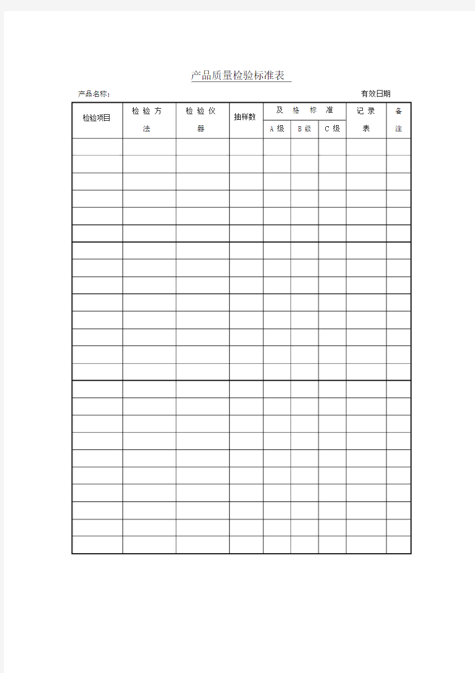 产品质量检验标准表表格格式.doc