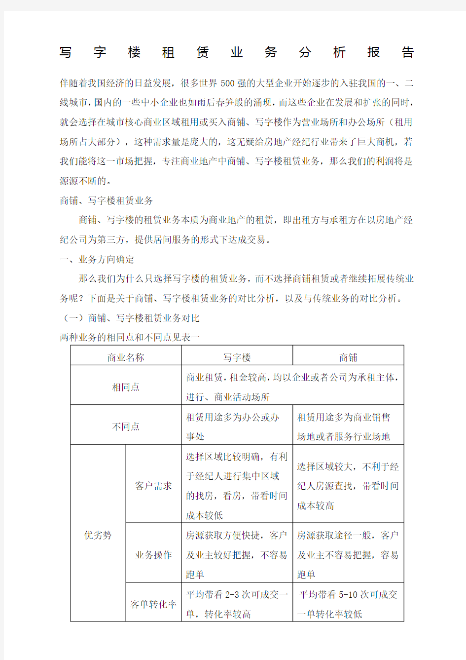 写字楼租赁业务分析报告