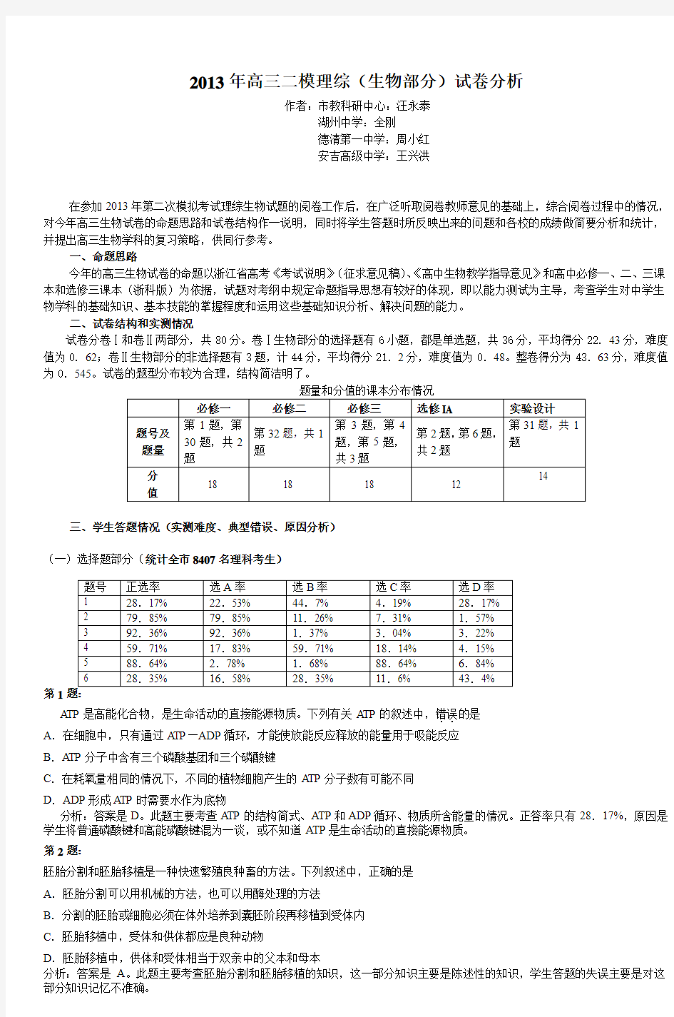 2013年高三二模理综(生物部分)试卷分析