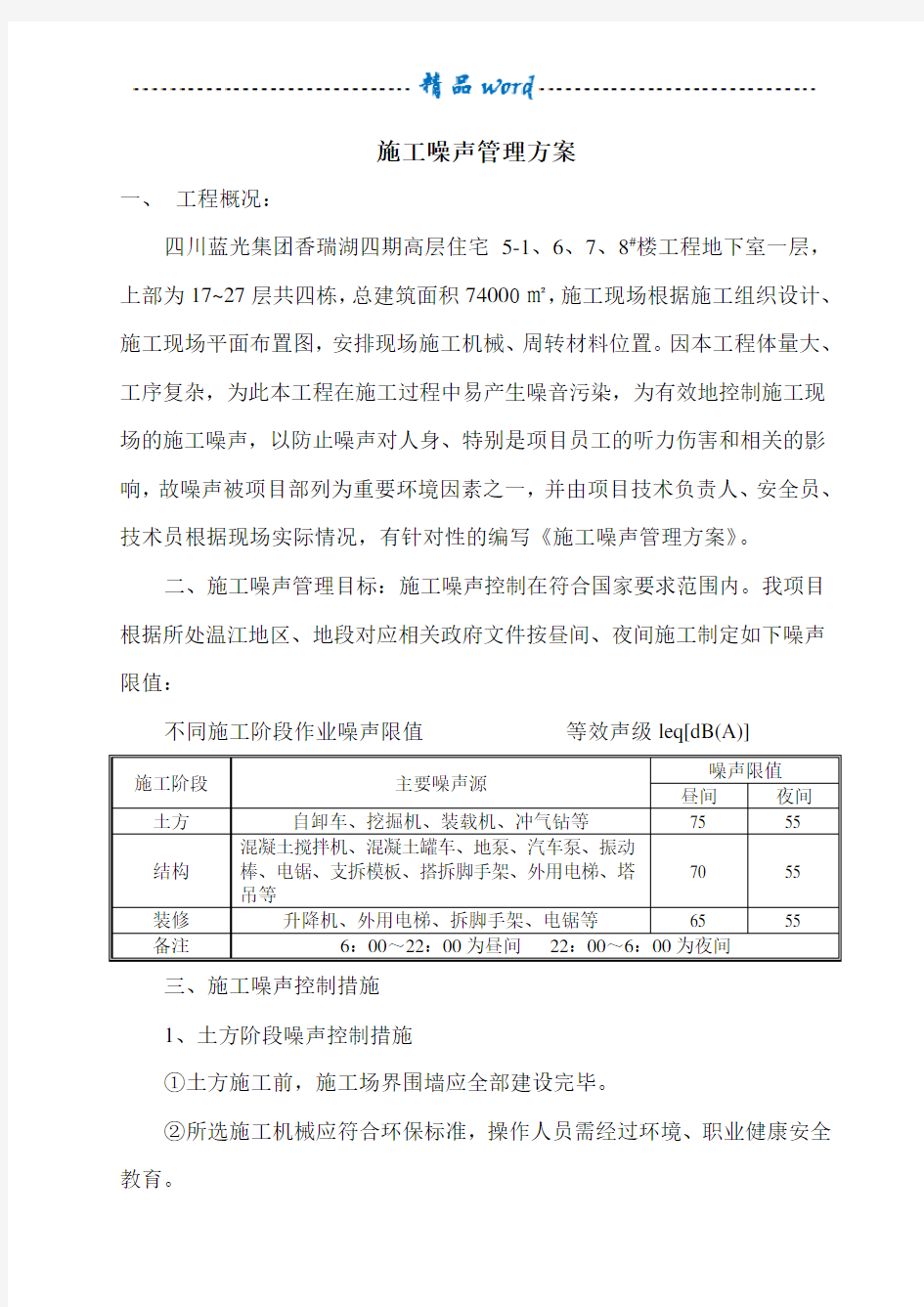 施工噪声管理方案