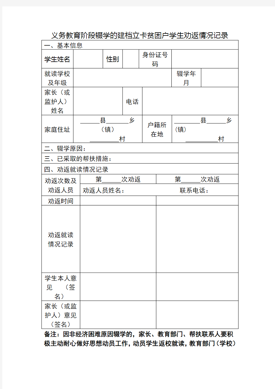 义务教育劝返工作记录表(样式)