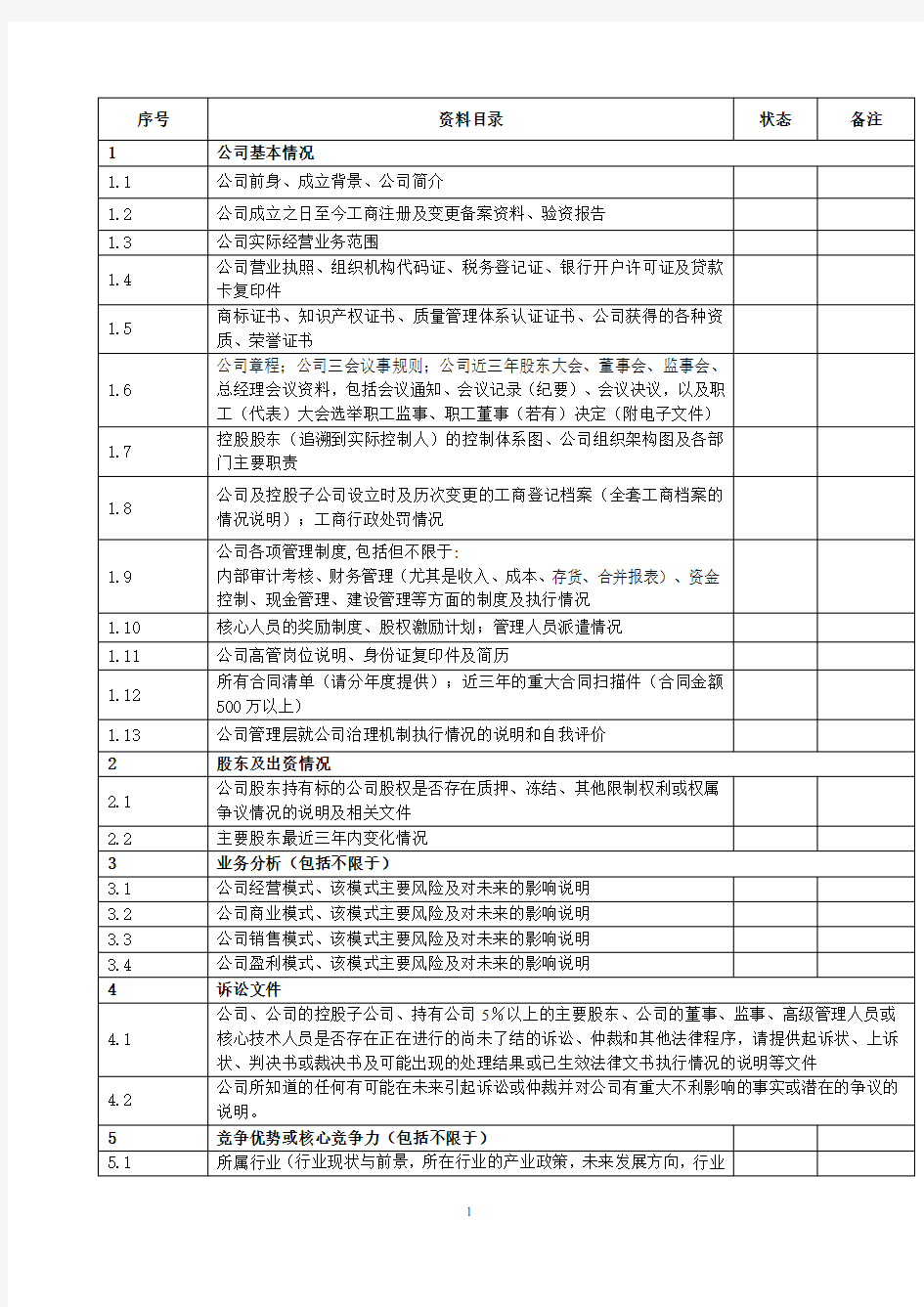 初步尽调所需资料清单