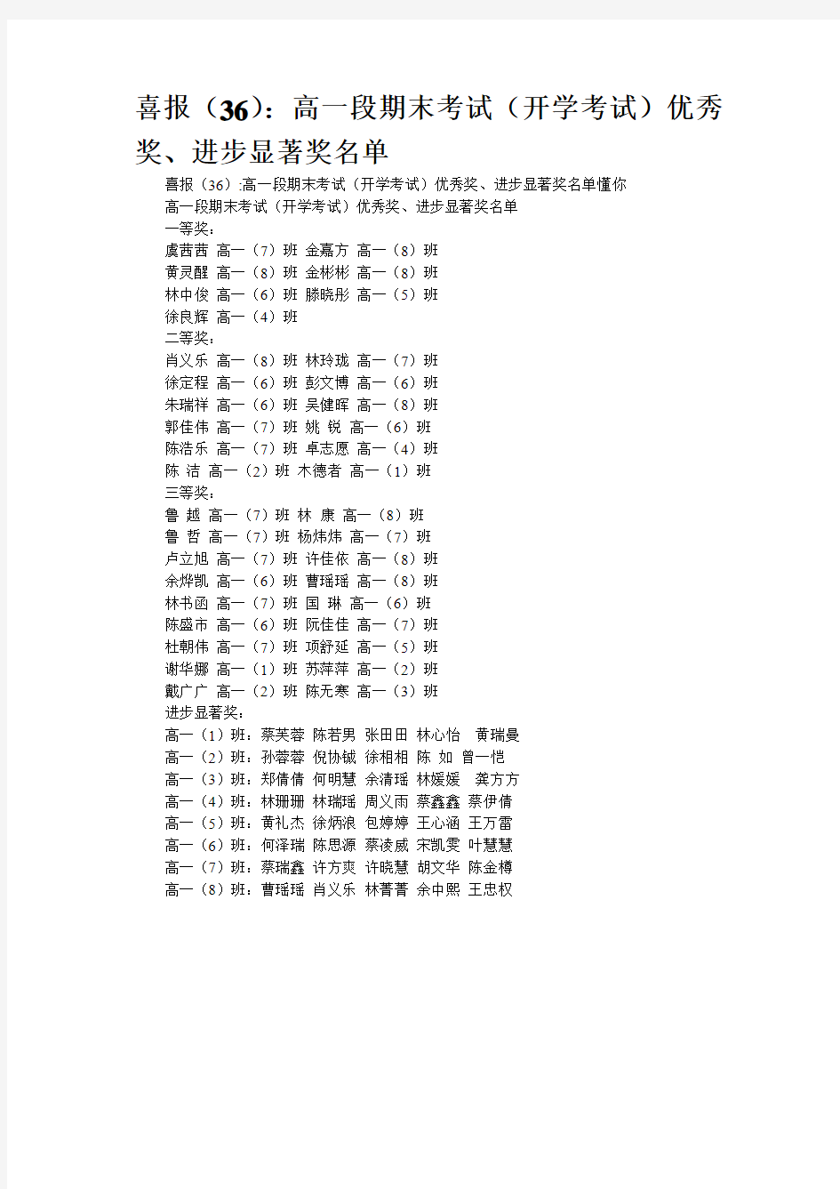 喜报(36)：高一段期末考试(开学考试)优秀奖、进步显著奖名单