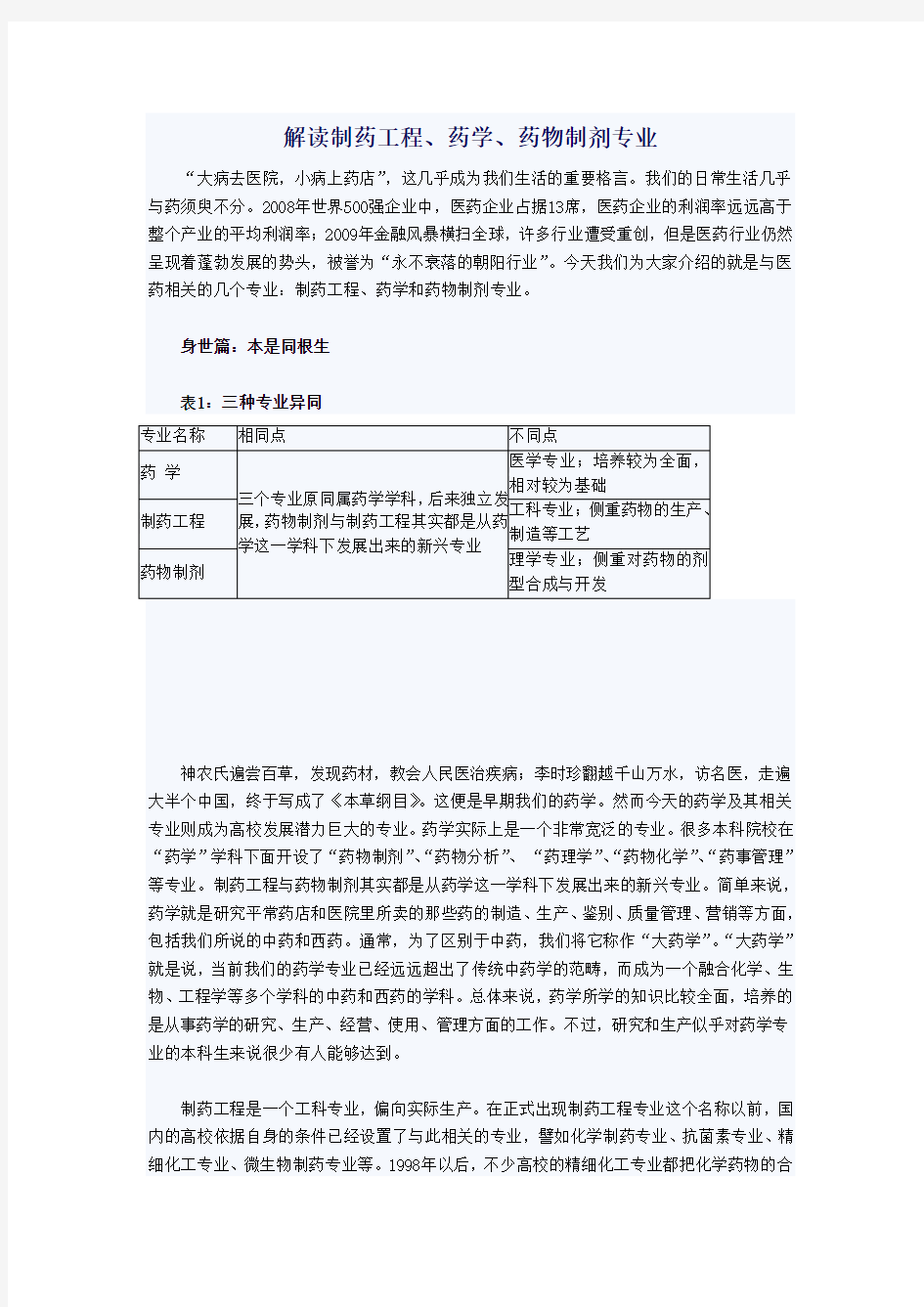 解读制药工程、药学、药物制剂专业