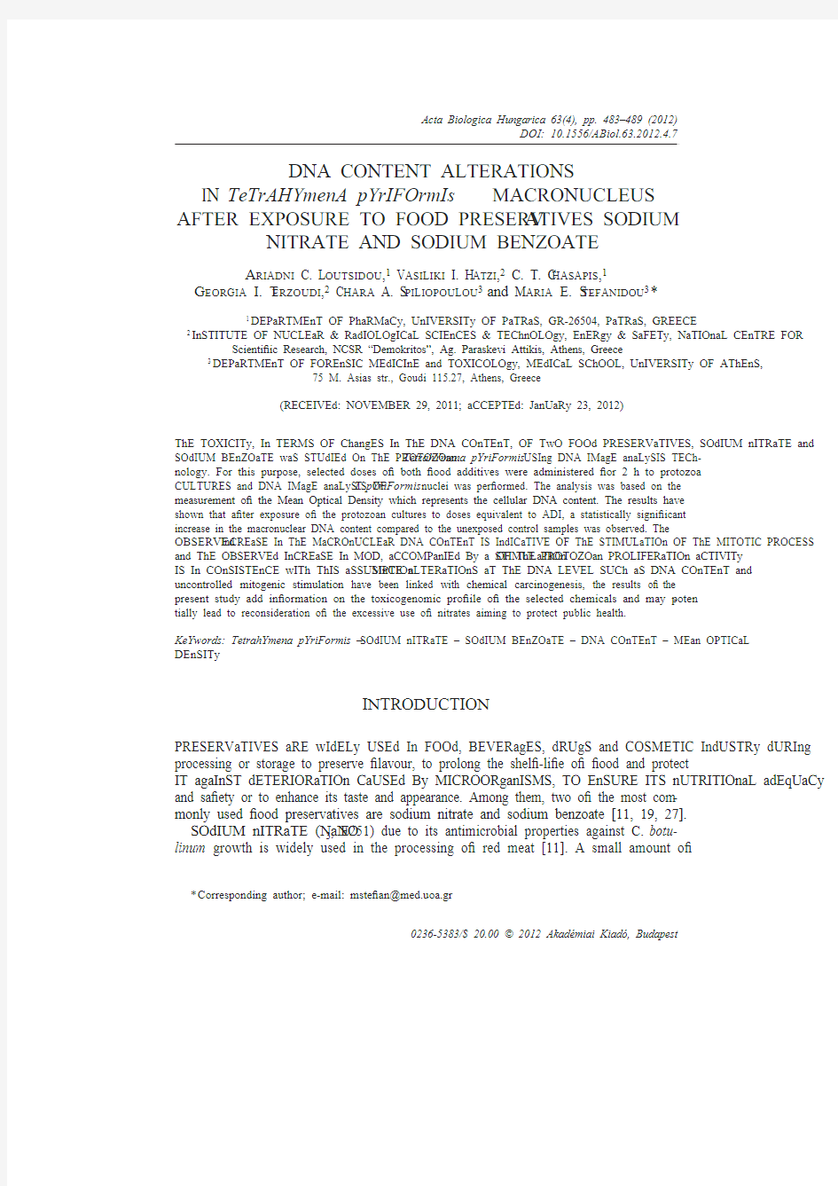 DNA content alterations in Tetrahymena pyriformis macronucleus after exposure to food preservatives