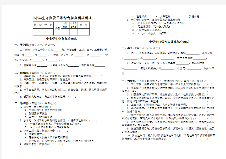 2015新版中小学生守则及行为规范测试题