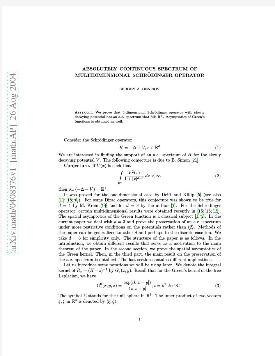 Absolutely continuous spectrum of multidimensional Schrodinger operator