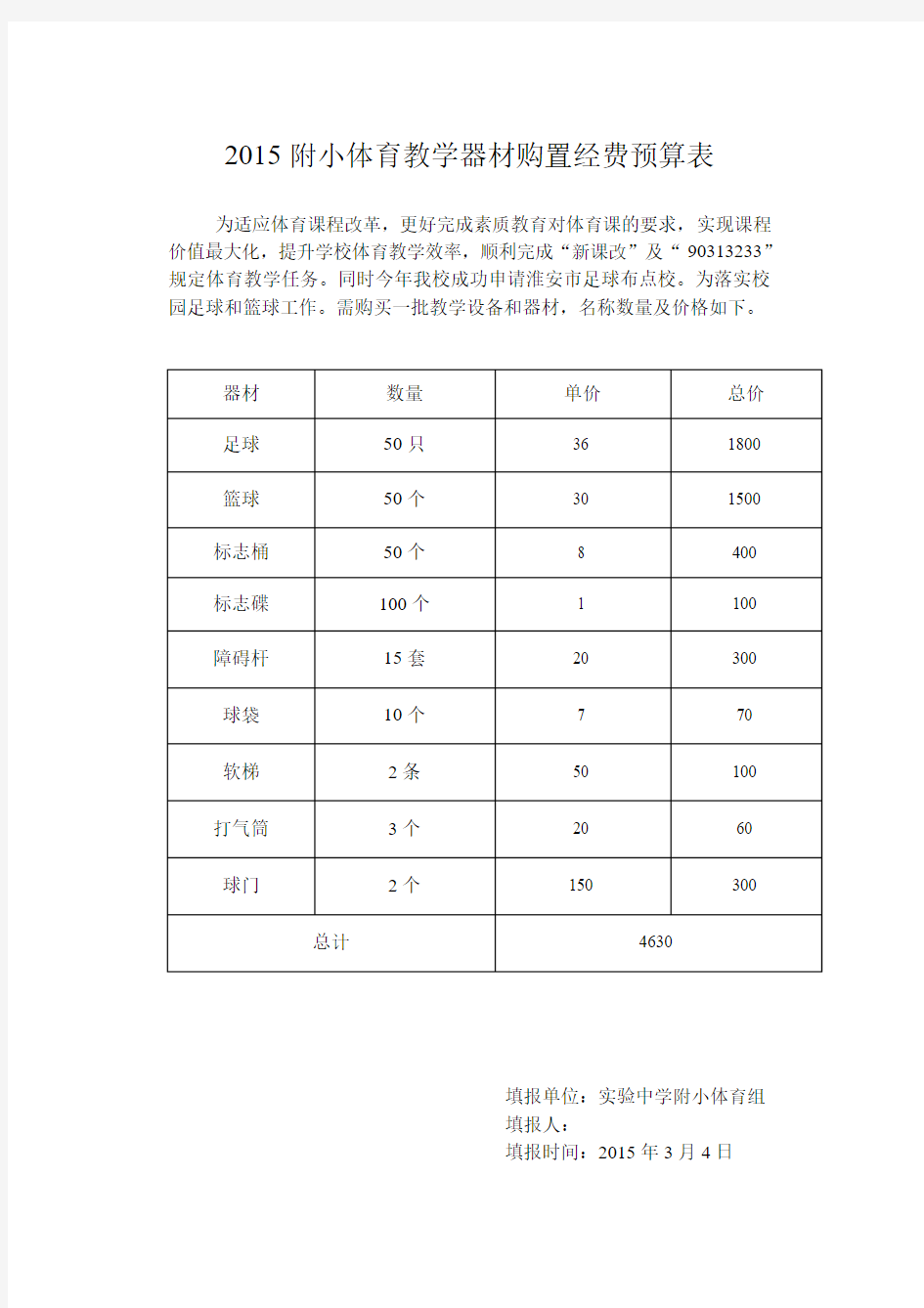 体育器材经费申报表