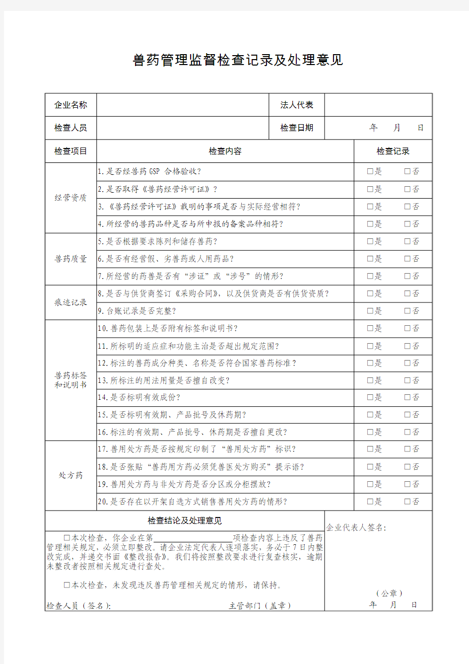 兽药管理监督检查记录及处理意见