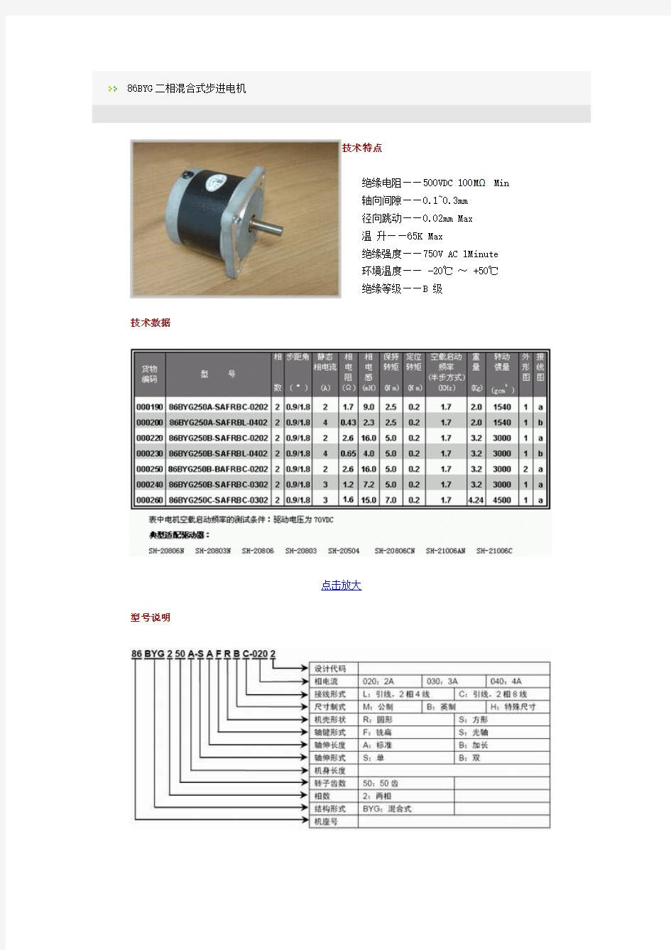 86BYG二相混合式步进电机参数