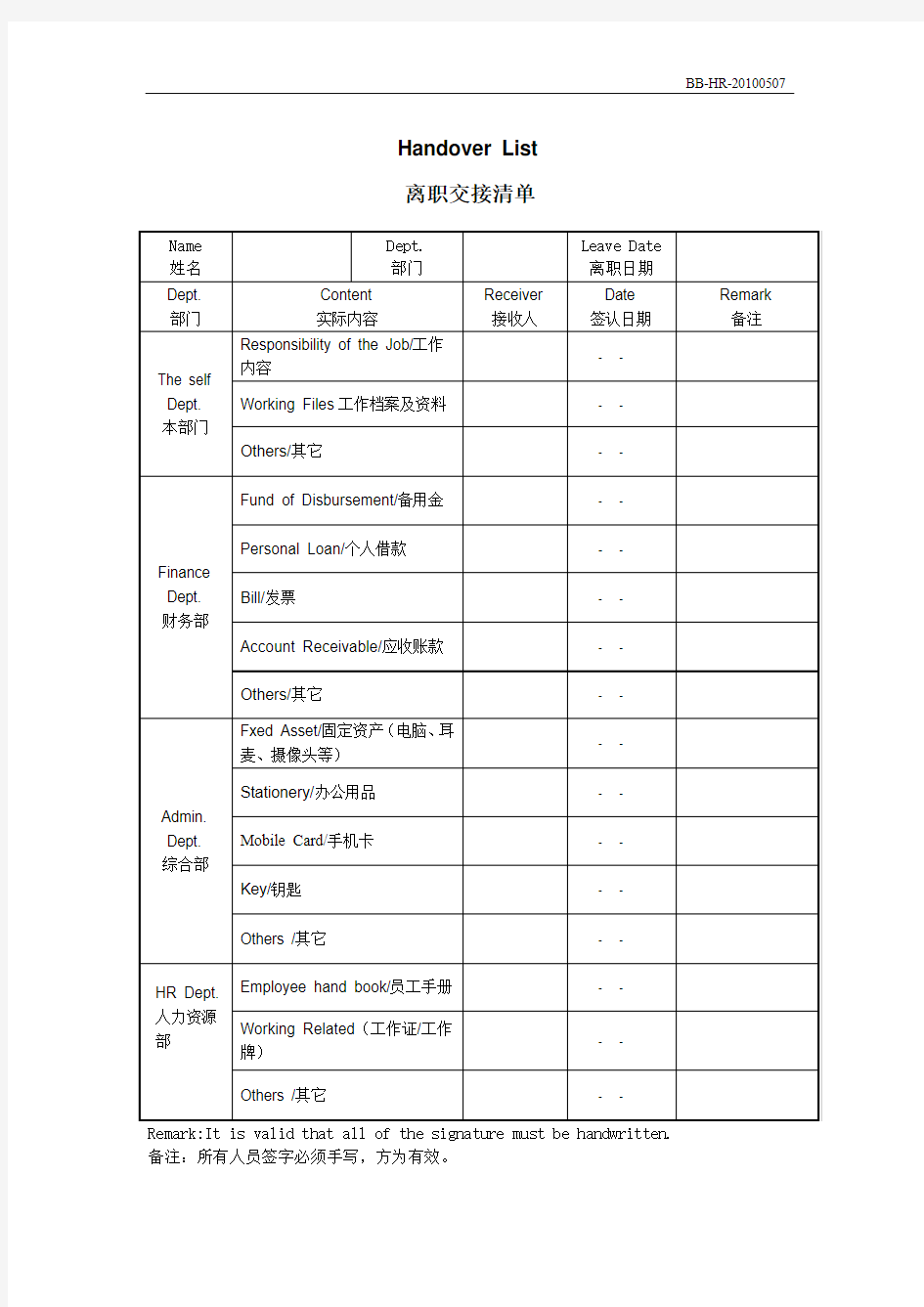 Handover list离职交接清单BB-HR-20100507