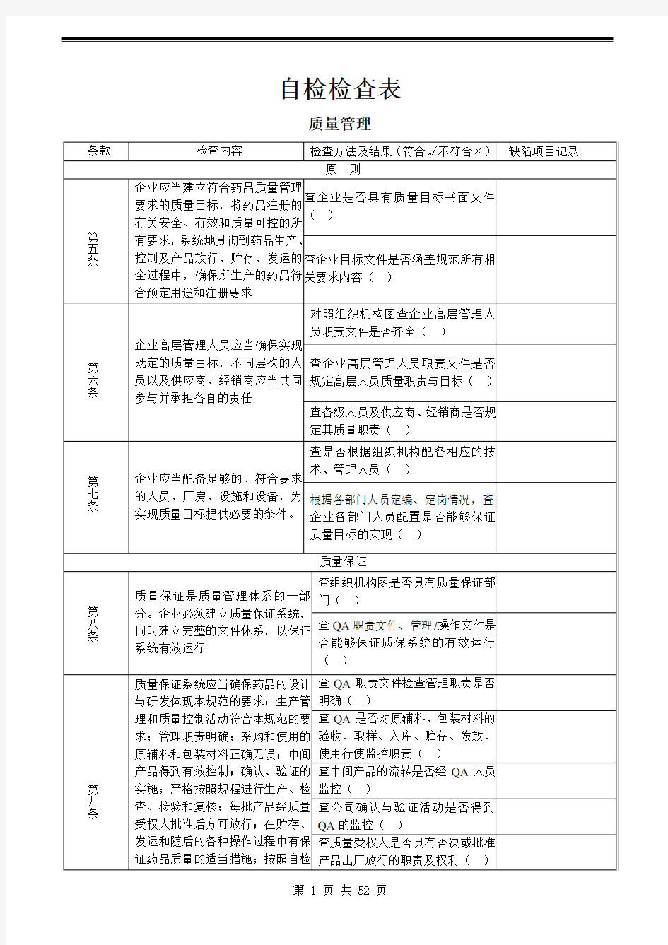 新版GMP自检检查表