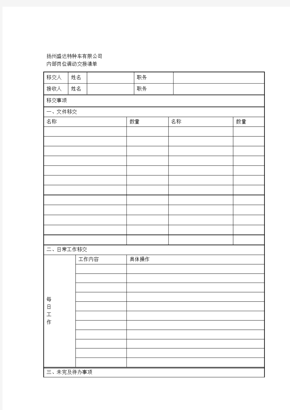 内部岗位调动工作交接清单