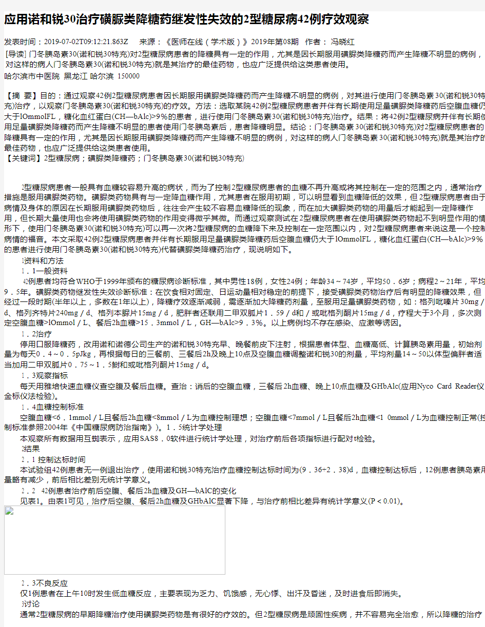 应用诺和锐30治疗磺脲类降糖药继发性失效的2型糖尿病42例疗效观察