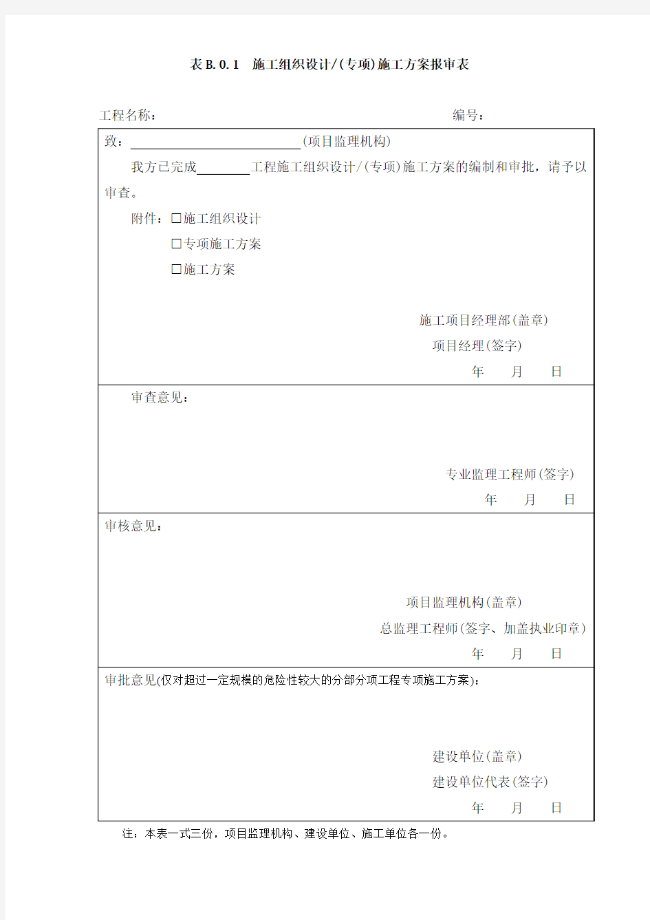 表B.0.1施工组织设计或(专项)施工方案报审表