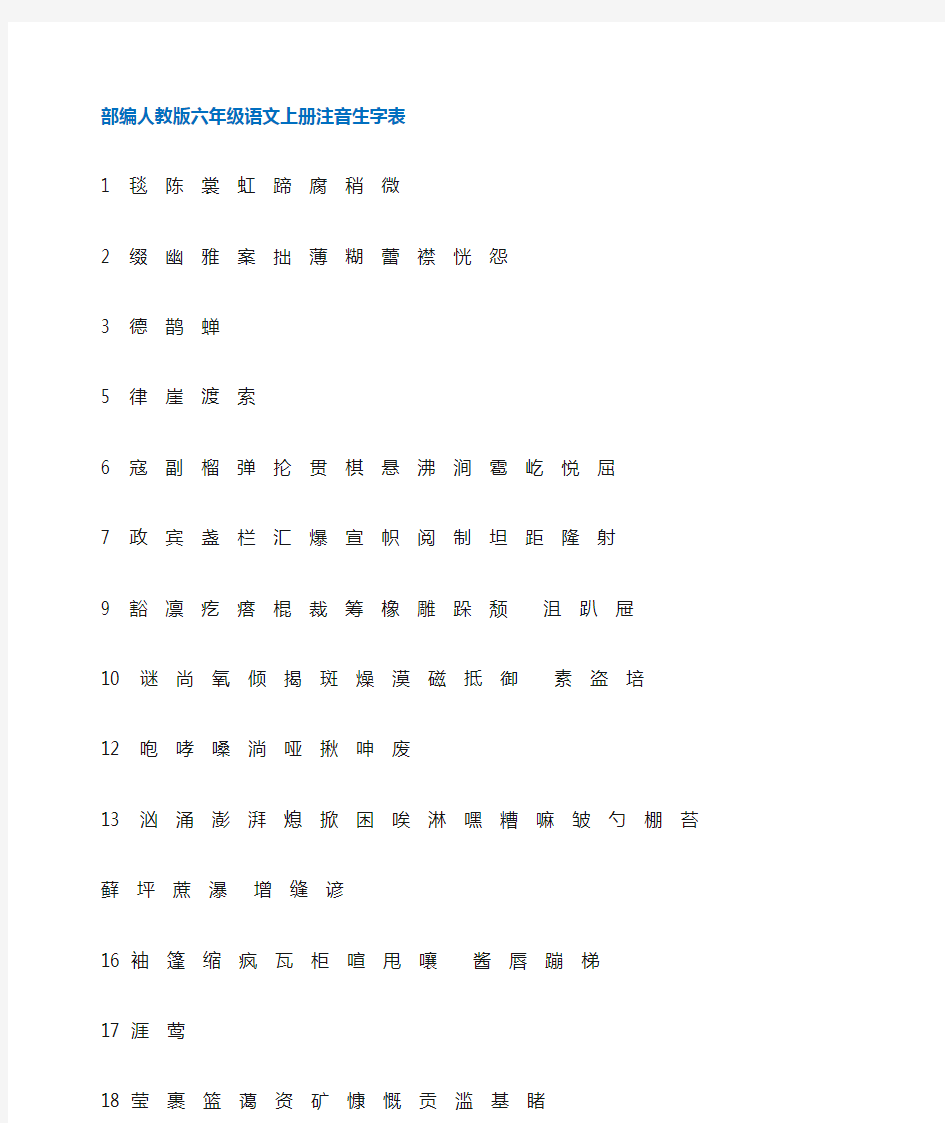 部编人教版六年级语文上册生字表(写拼音)