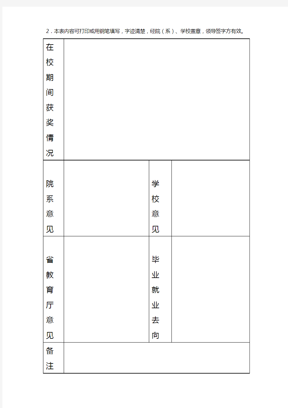 浙江省高校优秀毕业生登记表