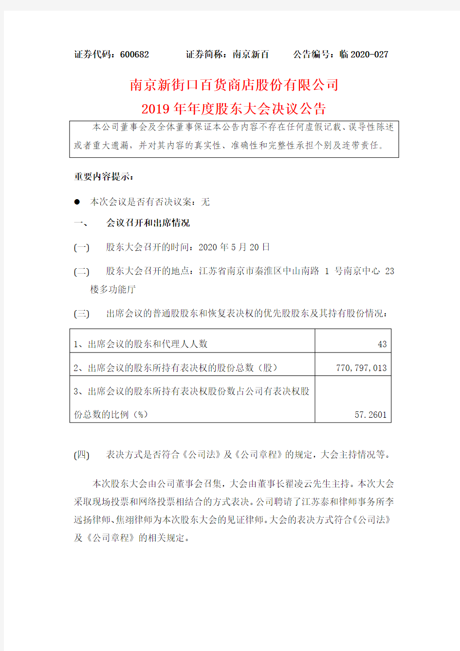 南京新百：2019年年度股东大会决议公告