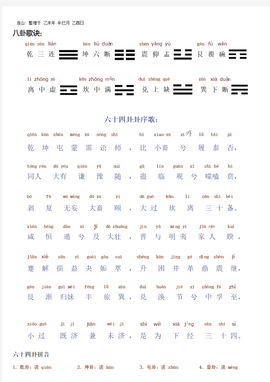 六十四卦序歌带拼音