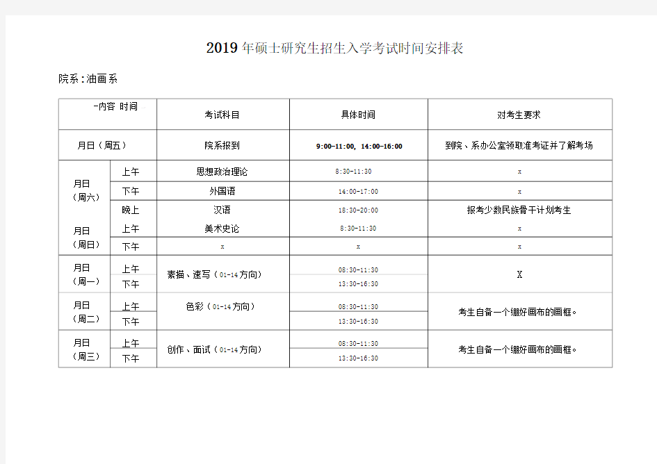 2019年硕士研究生招生入学考试时间安排表