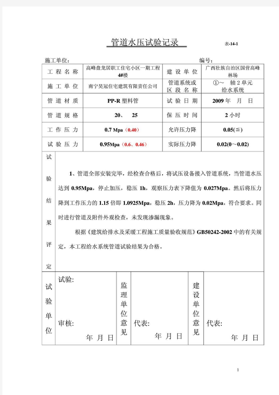 建筑工程水电试验记录表填写实例大全