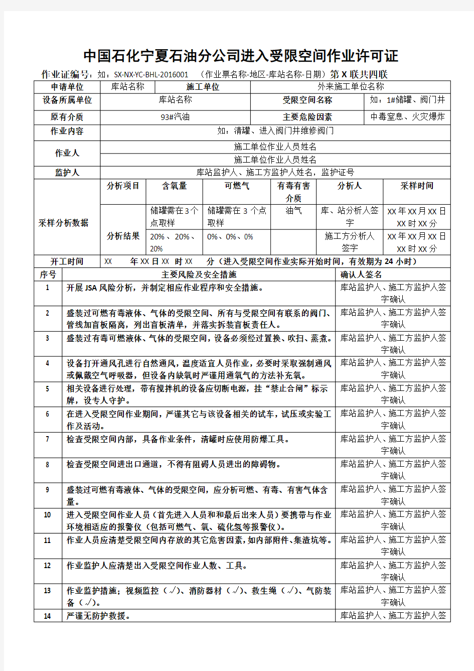 中国石化加油站进入受限空间作业许可证(填写模板)