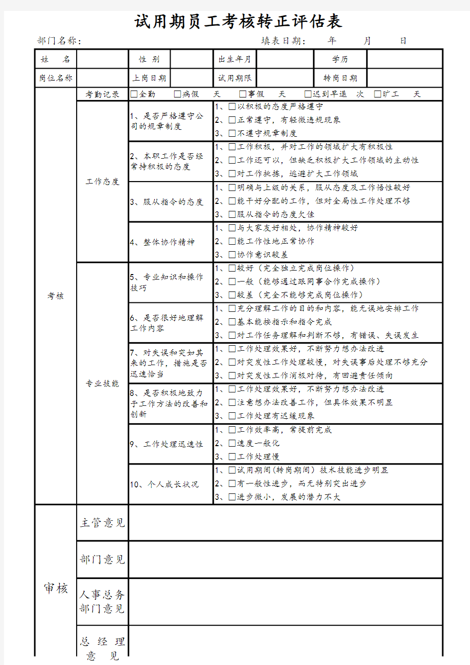 试用期员工考核转正评估表