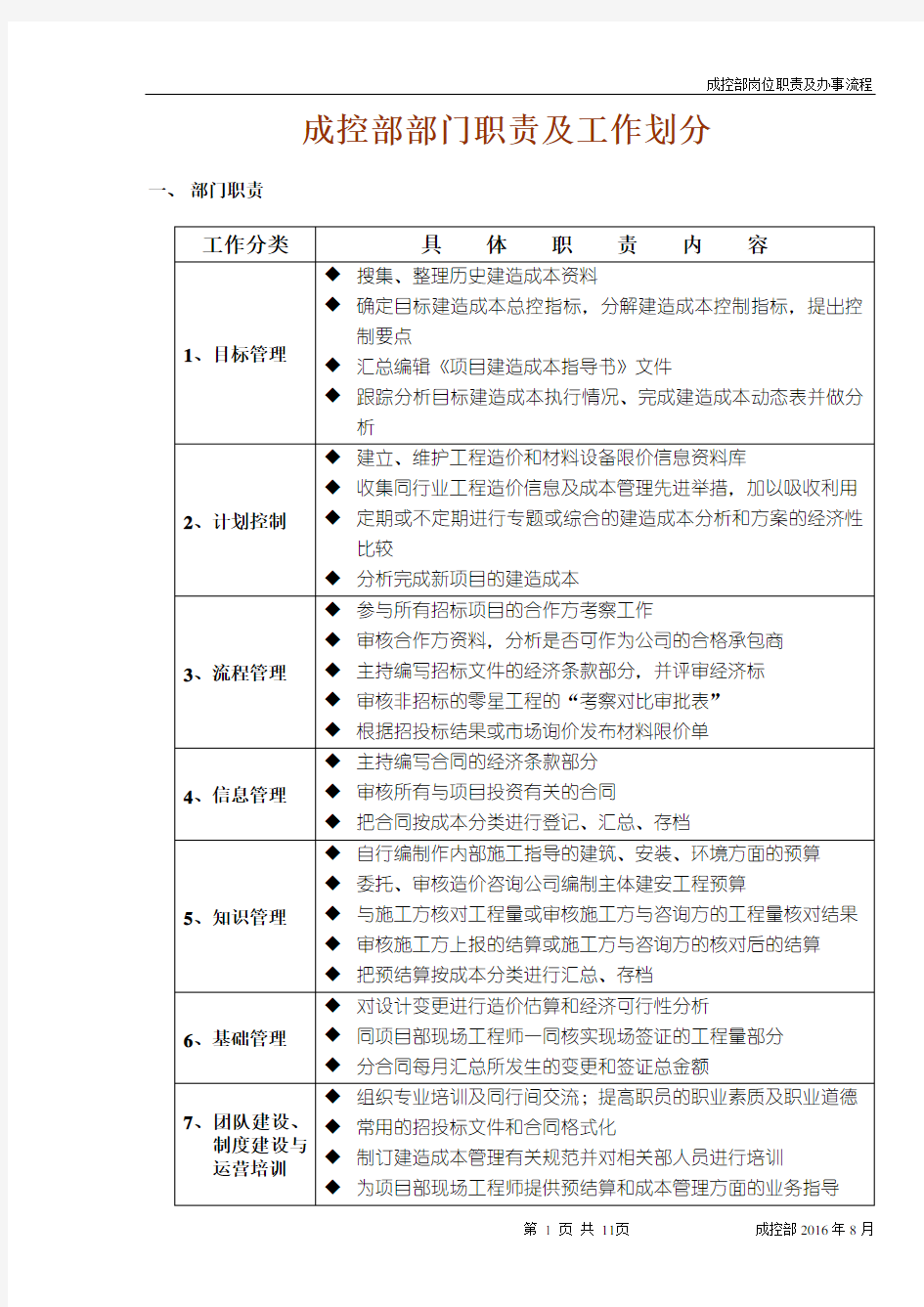 成本部岗位职责