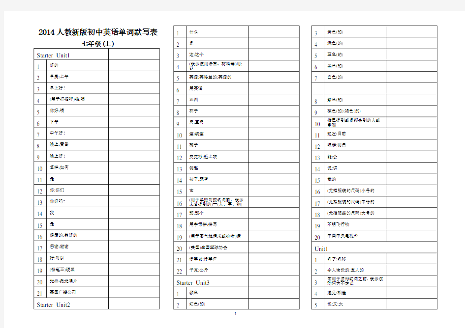 人教新版七年级上册英语单词默写表(直接打印)