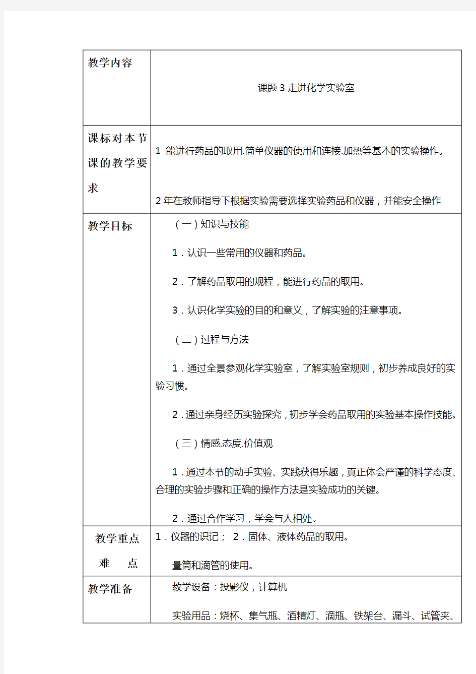 初三化学教案课题3走进化学实验室