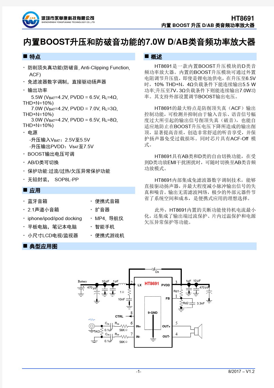 HT ESOP 小封装内置升压 W单声道功放IC