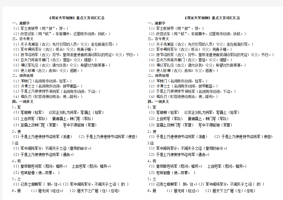 《周亚夫军细柳》重点文言词汇汇总