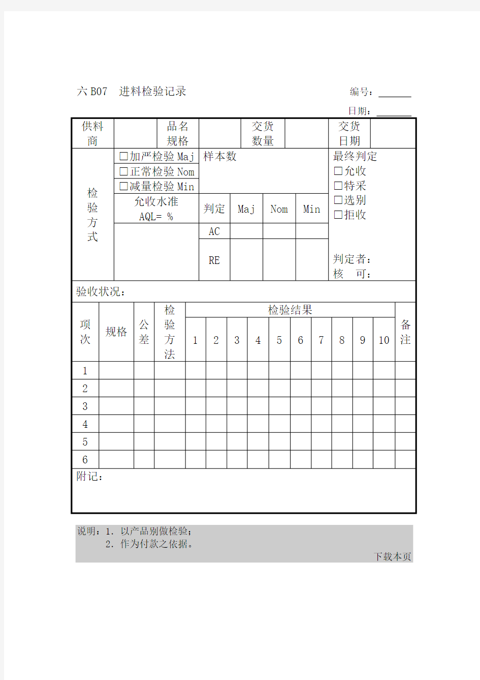 进料检验记录表单(doc 1页)