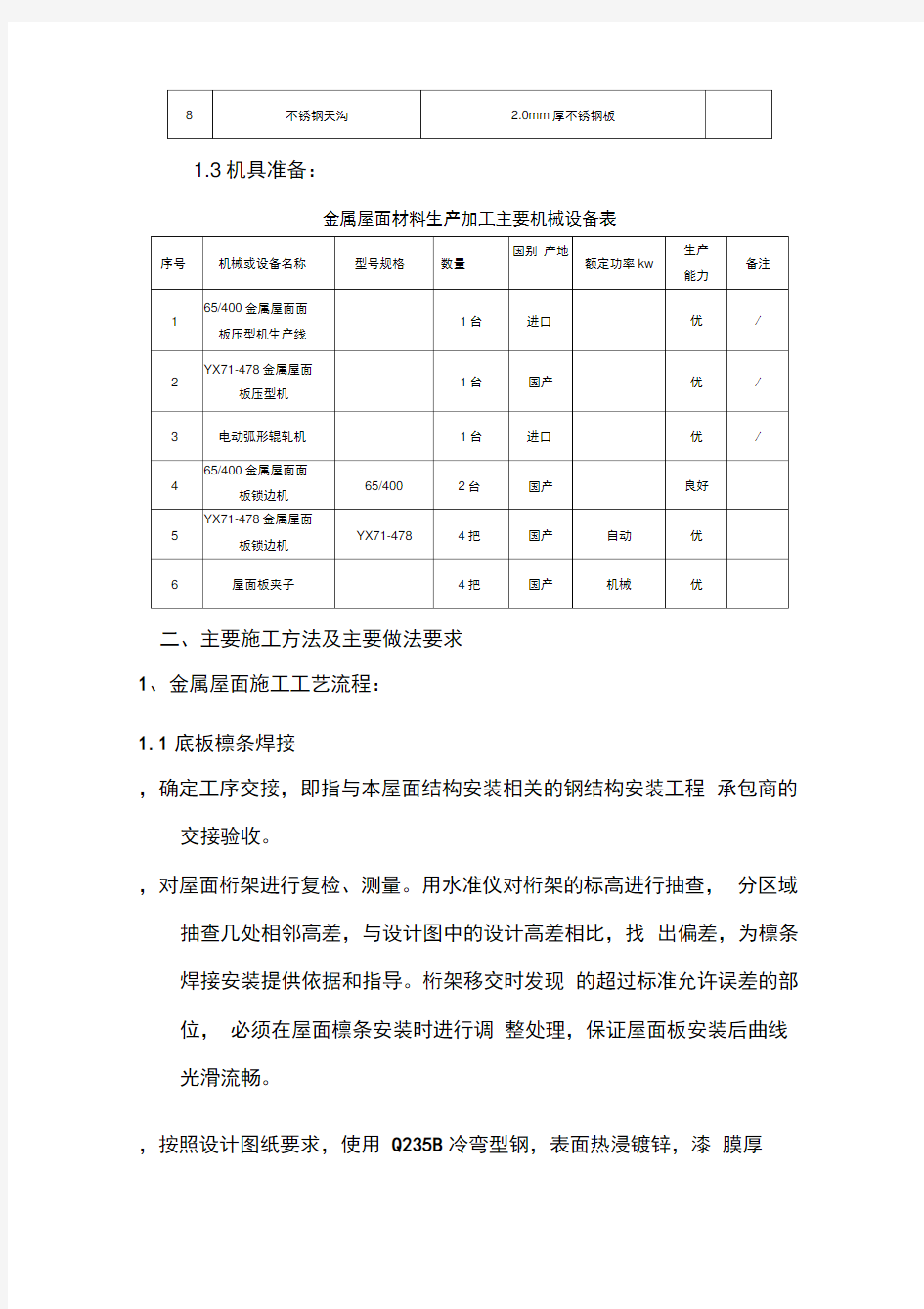 钢结构压型金属板屋面施工技术交底