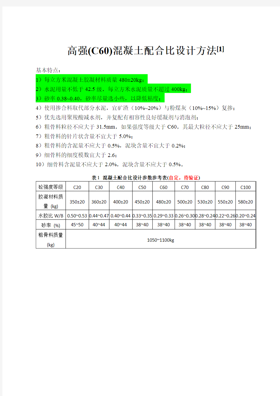 高强混凝土配合比设计方法及例题