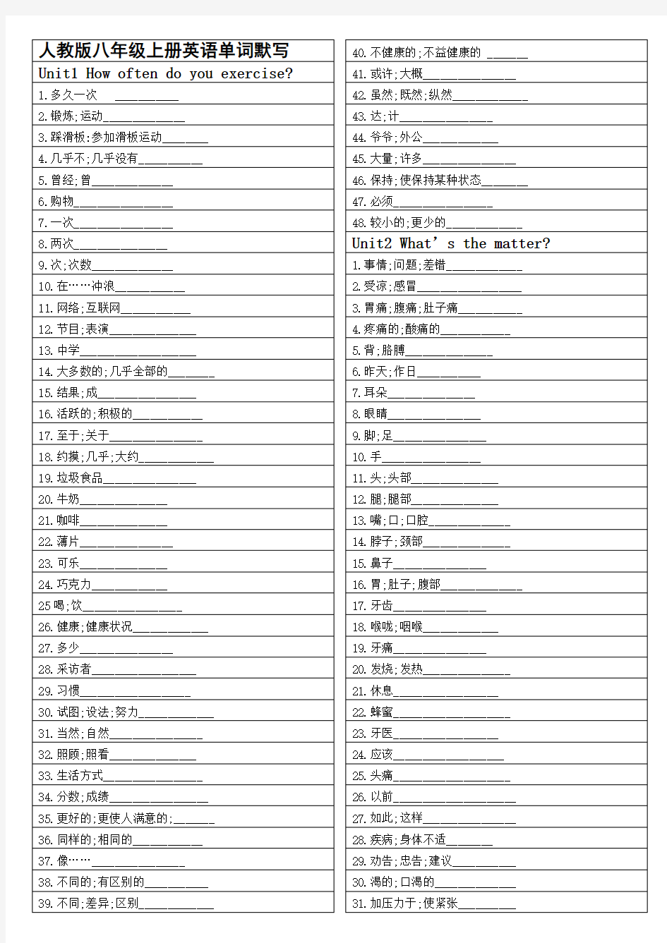 人教版八年级上册英语单词默写可直接打印