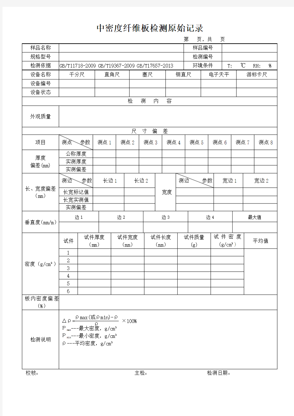 中密度纤维板检测原始记录