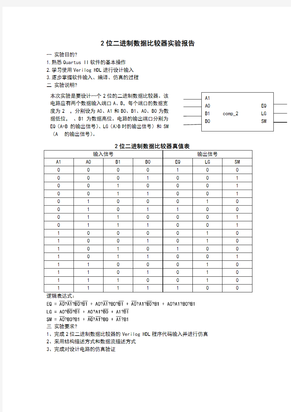 2位二进制数据比较器实验报告